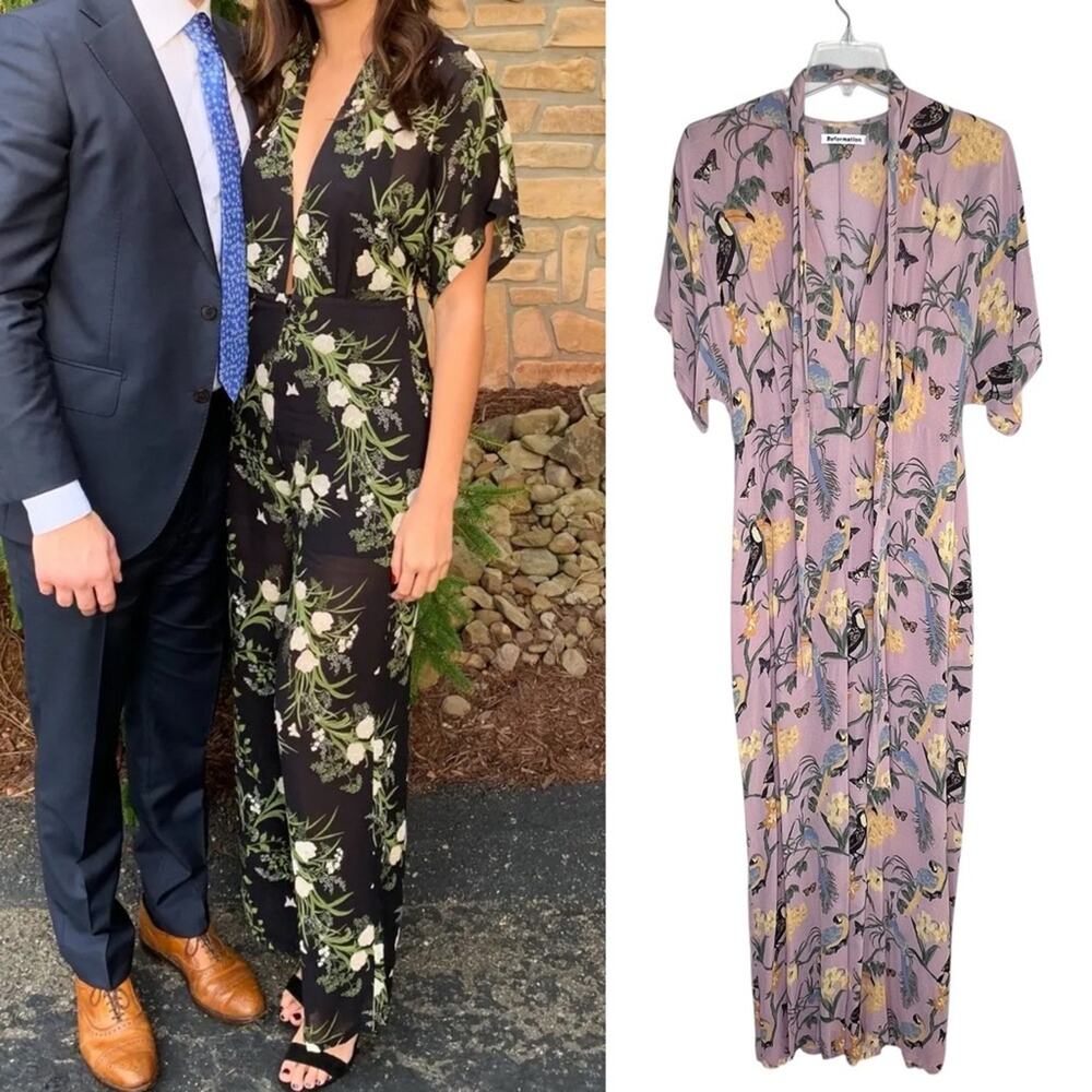 New Reformation Lemongrass Jumpsuit Tropical Parrot Print Pink Sz 10
